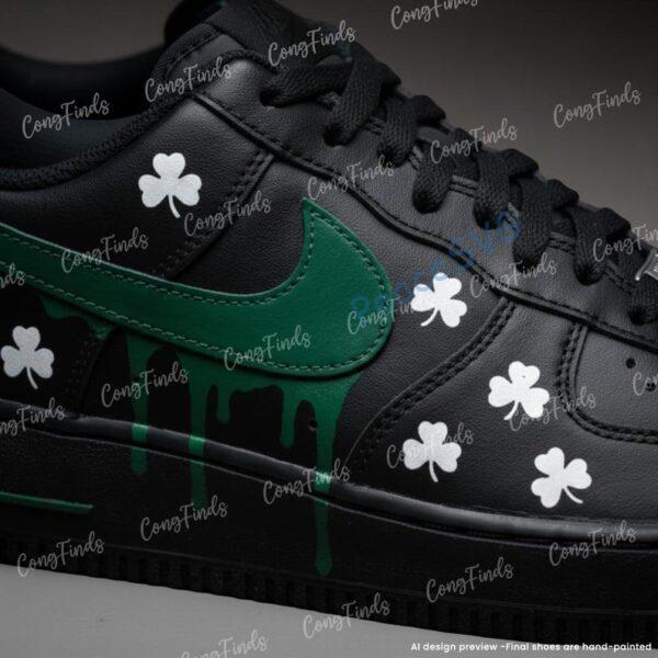 Alternative view of Custom Green Drip Black AF1 Shoes, Black Green Custom Air Force 1 Sneakers, Hand Painted Patrick's Day AF1 Shoes