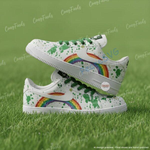 Custom Hand-painted Rainbow Lucky AF1 – Green Splatter Air Force 1 Sneakers, St Patrick’s Day Custom Shoes