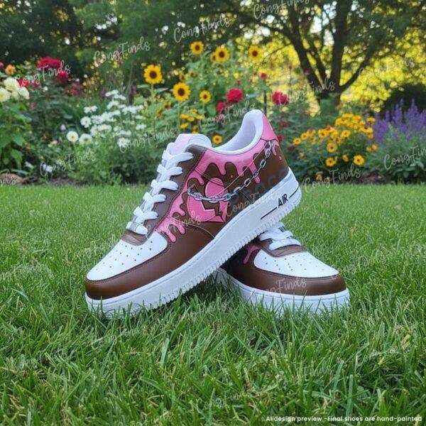 Custom Pink Chocolate Drip Air Force 1 , Hand-painted Pink Heart Chain Graffiti AF1 Sneakers, Love Streetwear Shoes