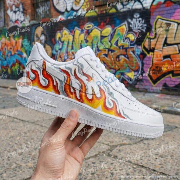 Alternative view of Hand-Painted Flame Air Force 1 Sneakers– Custom Fire Swoosh AF1 Shoes
