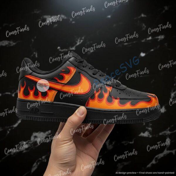 Alternative view of Hand-Painted Flame Air Force 1 Sneakers– Personalized Fire Swoosh AF1 Shoes