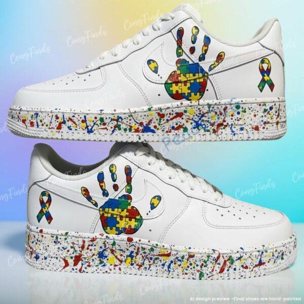 Custom Autism Awareness Air Force 1 Shoes, Handprint Puzzle AF1 Sneakers, Hand Painted Splatter Design