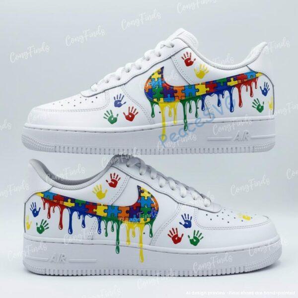 Autism Awareness Custom Drip Air Force 1 Shoes, Handprint Puzzle AF1 Sneakers