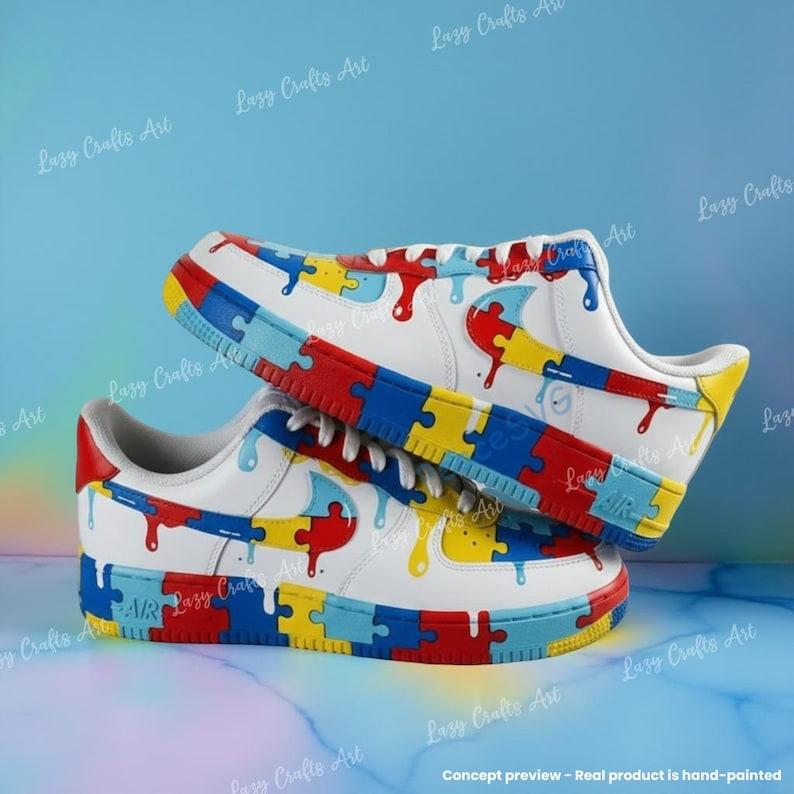 Custom Hand-painted Puzzle Drip Air Force 1 Sneakers: Personalized Autism Awareness AF1 Shoes