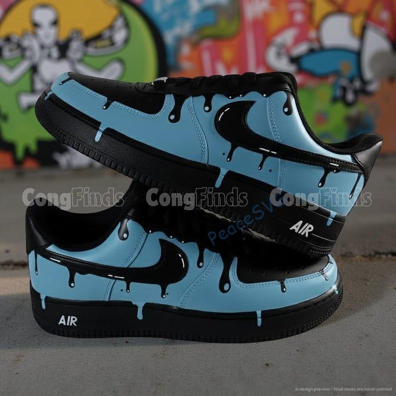 Custom Hand-Painted Patine Blue Drip Black Air Force 1 Sneakers: Personalized AF1 Shoes