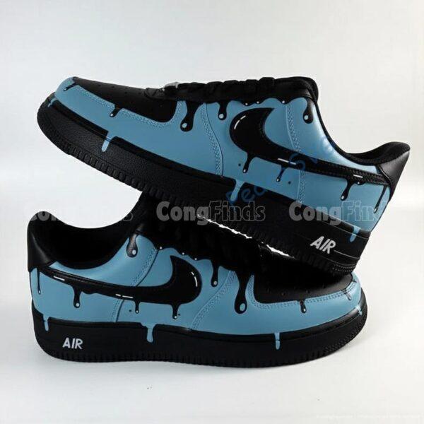 Alternative view of Custom Hand-Painted Patine Blue Drip Black Air Force 1 Sneakers: Personalized AF1 Shoes