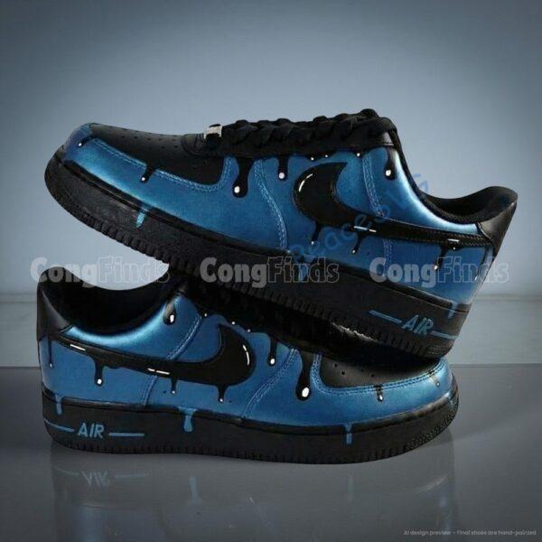 Alternative view of Custom Hand-Painted Dark Blue Drip Black Air Force 1 Sneakers: Personalized AF1 Shoes
