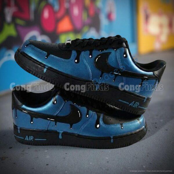 Custom Hand-Painted Dark Blue Drip Black Air Force 1 Sneakers: Personalized AF1 Shoes
