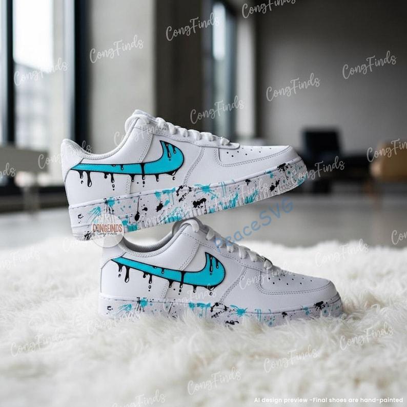 Custom Aqua Drip Air Force 1 Sneakers: Hand-Painted Splatter Design