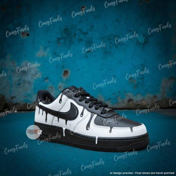Alternative view of Custom Hand-Painted Black White Drip AF1 Sneakers, Streetwear Shoes