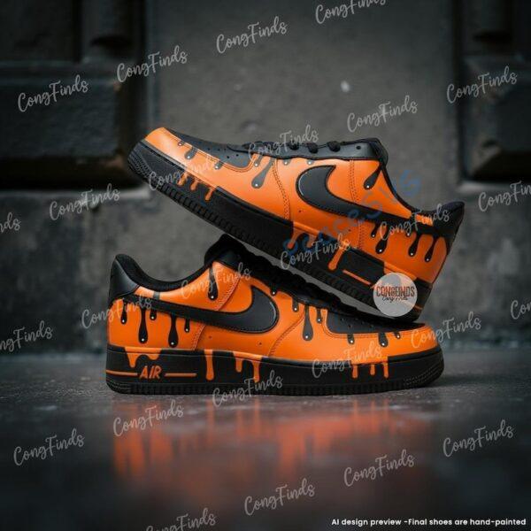 Custom Black Orange Drip AF1 Sneakers, Hand-Painted Streetwear Air Force 1 Shoes