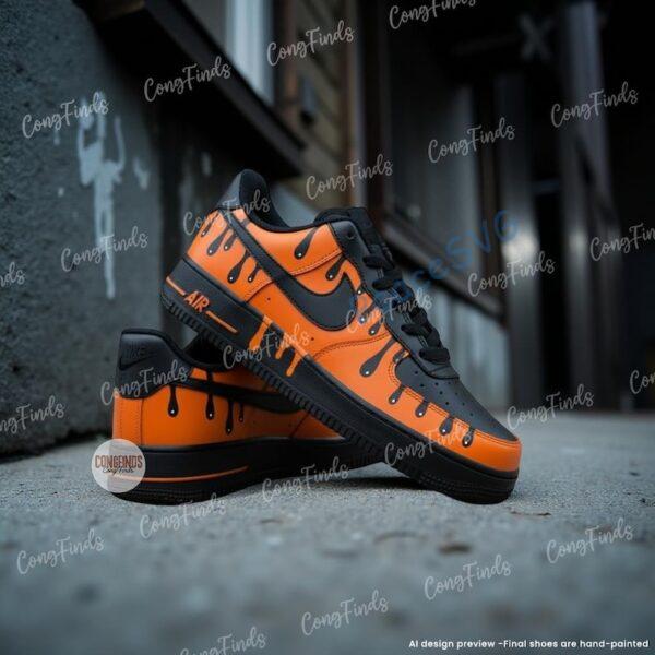 Alternative view of Custom Black Orange Drip AF1 Sneakers, Hand-Painted Streetwear Air Force 1 Shoes