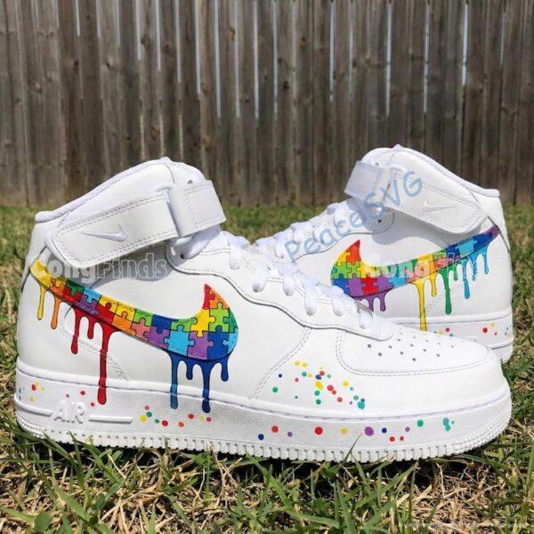 Custom Hand-Painted Drip Air Force 1 Mid Sneakers: Personalized Puzzle Drip Swoosh AF1 Shoes