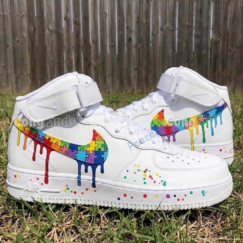 Custom Hand-Painted Drip Air Force 1 Mid Sneakers: Personalized Puzzle Drip Swoosh AF1 Shoes