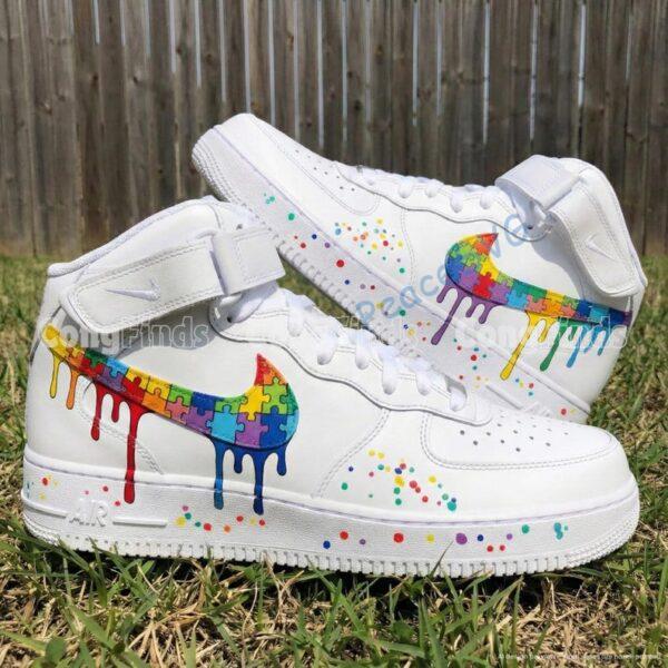 Alternative view of Custom Hand-Painted Drip Air Force 1 Mid Sneakers: Personalized Puzzle Drip Swoosh AF1 Shoes