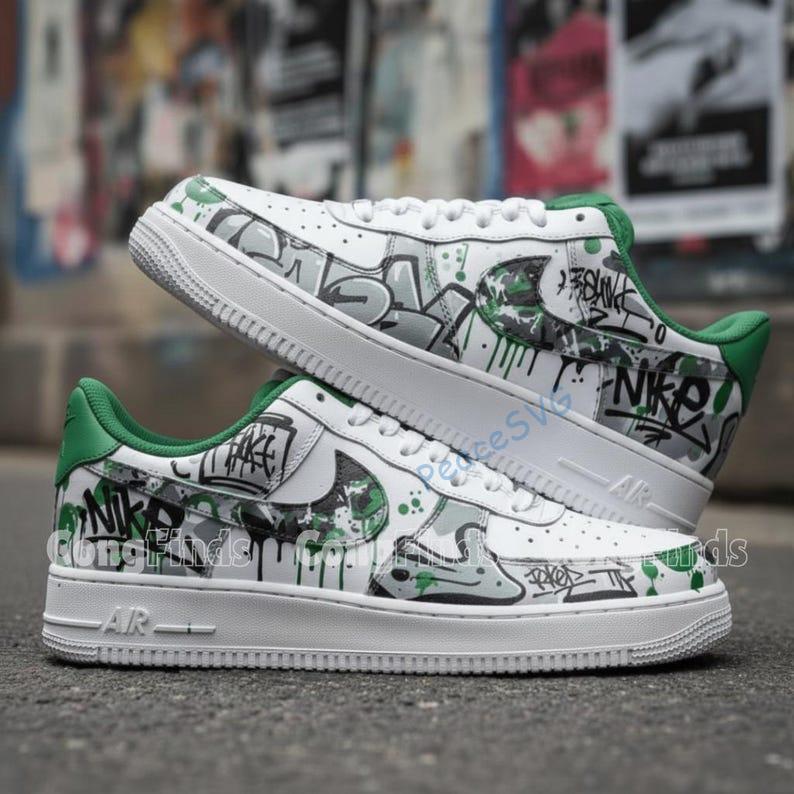 Hand-Painted Green Gray Graffiti AF1 Sneakers: Graffiti Streetwear Air Force 1 Shoes