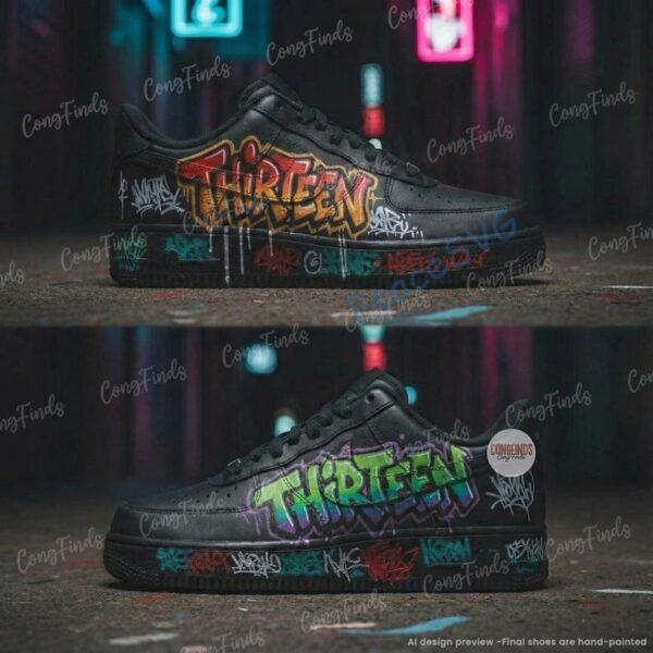 Alternative view of Hand-Painted Graffiti Black Air Force 1 Sneakers: Personalized Black AF1 Shoes, Custom Name