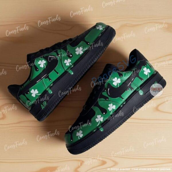 Alternative view of Personalized Drip Black AF1 Shoes, Black Green Custom Air Force 1 Sneakers, Hand Painted Patrick's Day AF1 Shoes