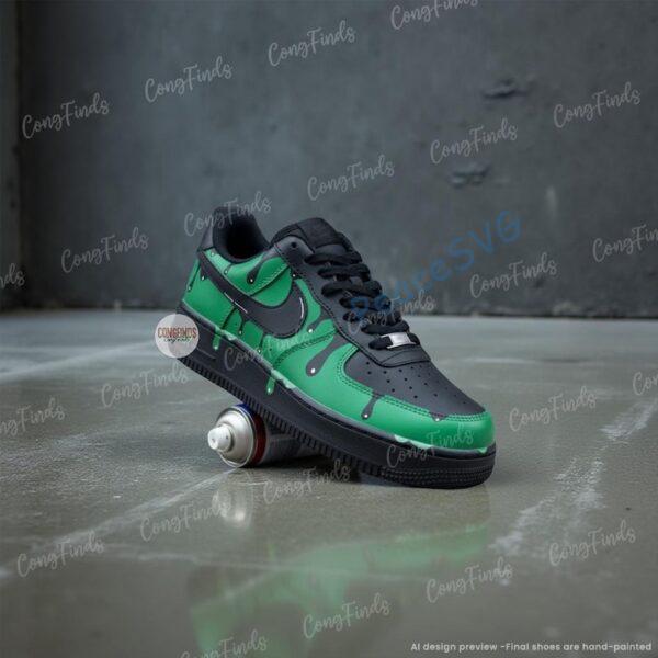 Alternative view of Personalized Black Green Drip AF1 Shoes, Black Green Custom Air Force 1 Sneakers, Hand Painted Black AF1 Shoes