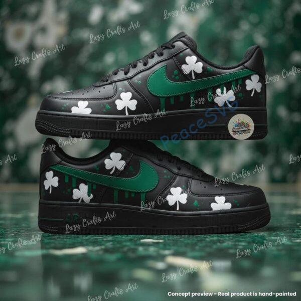 Alternative view of Custom Black Shamrock Drip Air Force 1, Green Drip Swoosh AF1 Sneakers, Hand-Painted Irish Streetwear Custom Shoes