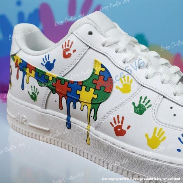 Alternative view of Hand-painted Air Force 1 Puzzle Drip Sneakers: Personalized Custom Autism AF1 Shoes