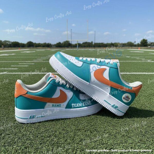Alternative view of Custom Hand-Painted Miami Football Air Force 1, Personlized Dolphins Football Fan AF1 Sneaker, Adult /Toddler Kids