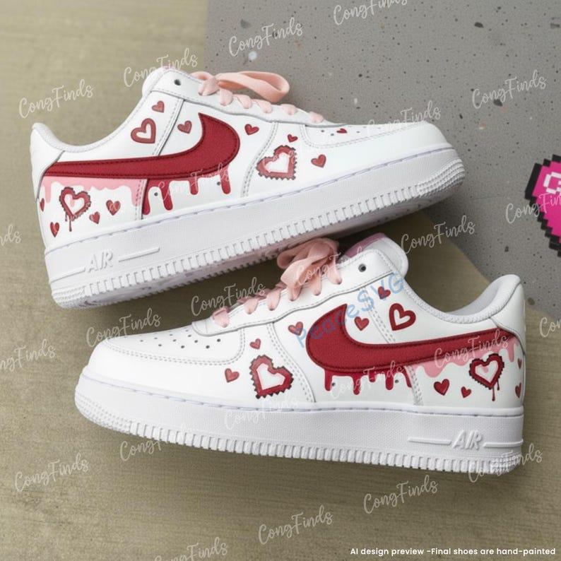Custom Valentine Couple Air Force 1: Hand-Painted Red Drip AF1 Sneakers
