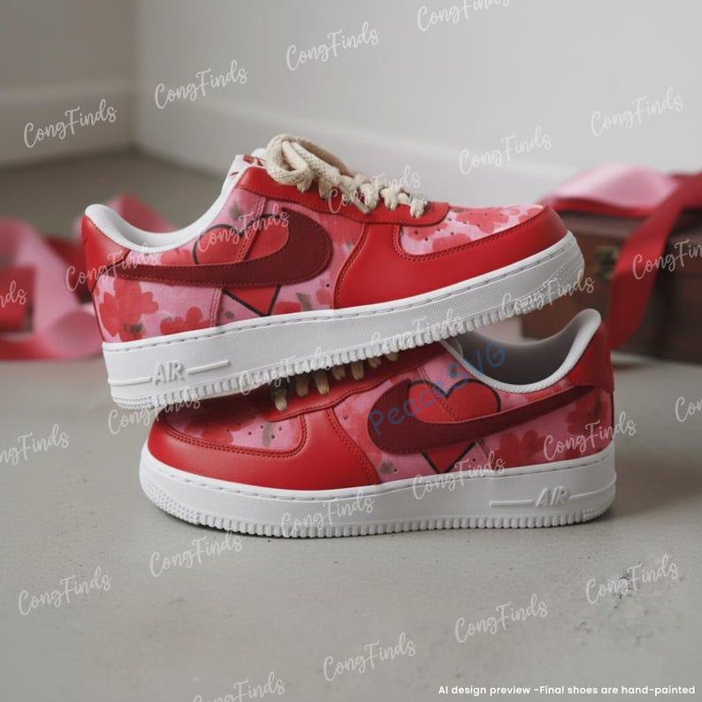 Hand-Painted Valentine Couple Air Force 1: Custom Red Heart AF1 Sneakers