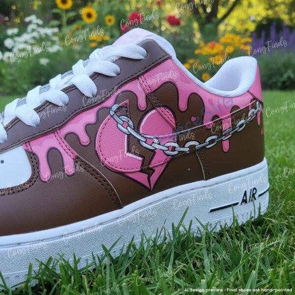 Alternative view of Custom Pink Chocolate Drip Air Force 1 , Hand-painted Pink Heart Chain Graffiti AF1 Sneakers, Love Streetwear Shoes