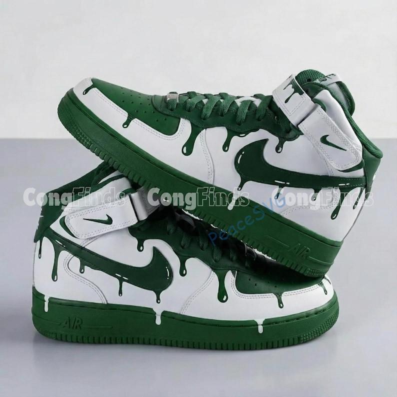 Custom Hand-Painted Green Drip Air Force 1 Mid Sneakers: Personalized AF1 Sneakers