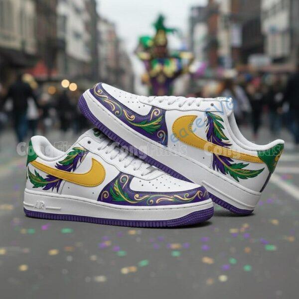 Alternative view of Mardi Gras Custom Air Force 1: Hand-Painted Carnival AF1 Sneakers, Purple Green Gold Feather Art Streetwear Shoes