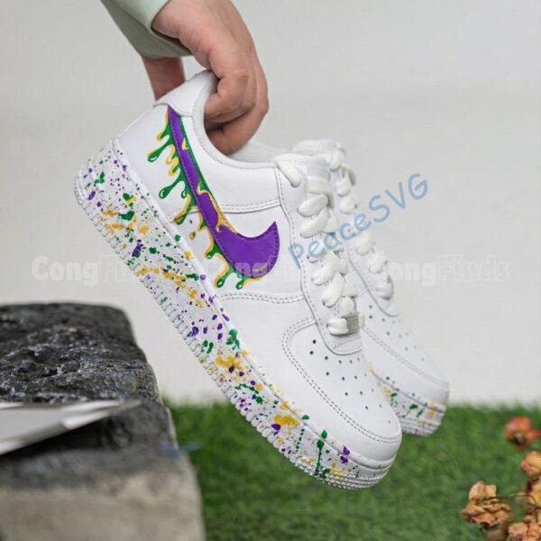 Alternative view of Mardi Gras Custom Drip Air Force 1 Sneakers, Hand-Painted Purple Green Gold Drip AF1 Shoes