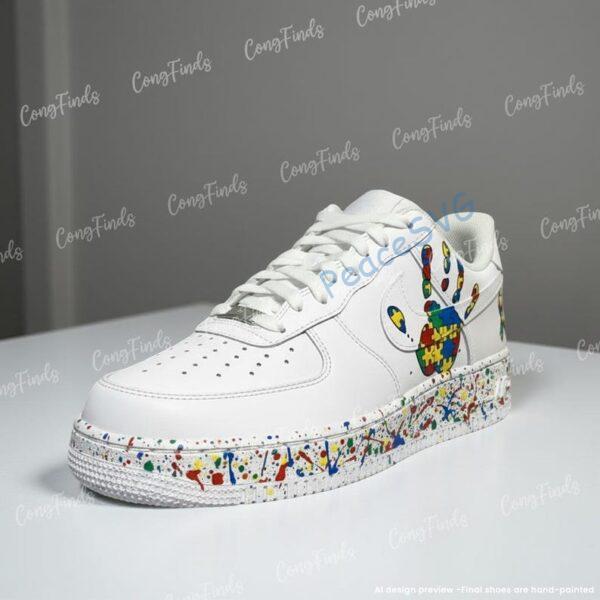 Alternative view of Custom Autism Awareness Air Force 1 Shoes, Handprint Puzzle AF1 Sneakers, Hand Painted Splatter Design