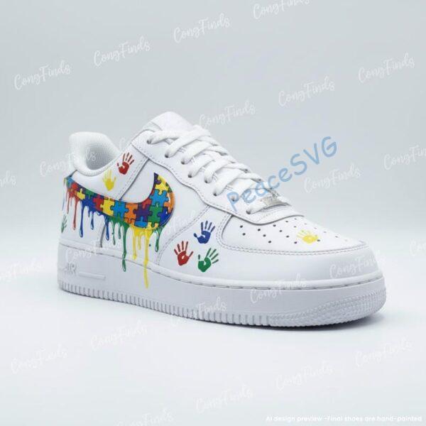 Alternative view of Autism Awareness Custom Drip Air Force 1 Shoes, Handprint Puzzle AF1 Sneakers