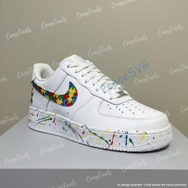 Alternative view of Custom Autism Awareness Air Force 1 Shoes, Autism Ribbon AF1 Sneakers, Hand-Painted Splatter AF1