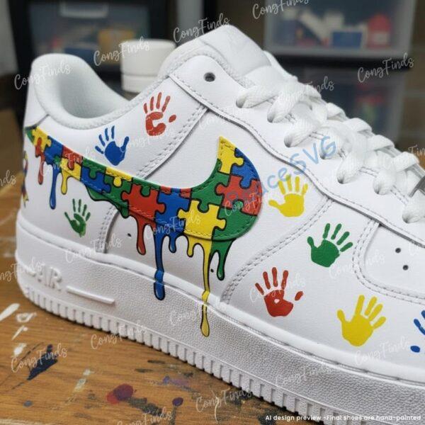 Alternative view of Autism Awareness Custom Drip Air Force 1 Shoes, Handprint Puzzle AF1 Sneakers