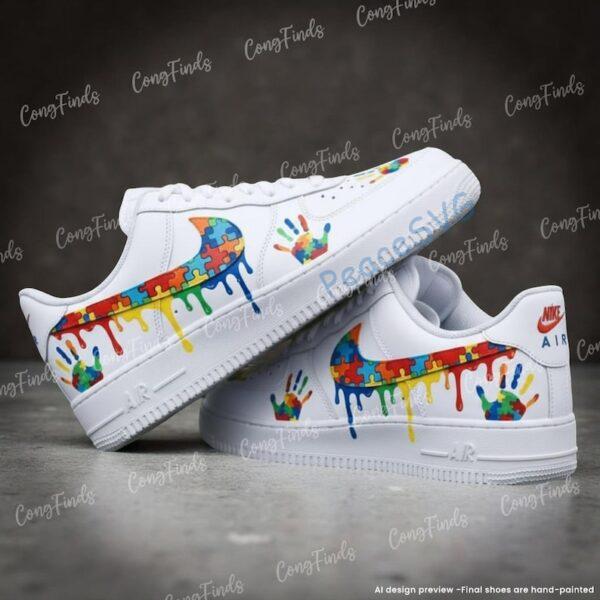 Alternative view of Autism Awareness Hand-Painted Drip Air Force 1 Shoes, Custom Handprint Puzzle AF1 Sneakers