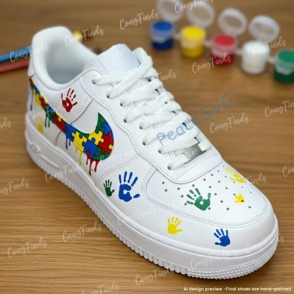 Alternative view of Autism Awareness Hand-Painted Drip Air Force 1 Shoes, Custom Handprint Puzzle AF1 Sneakers