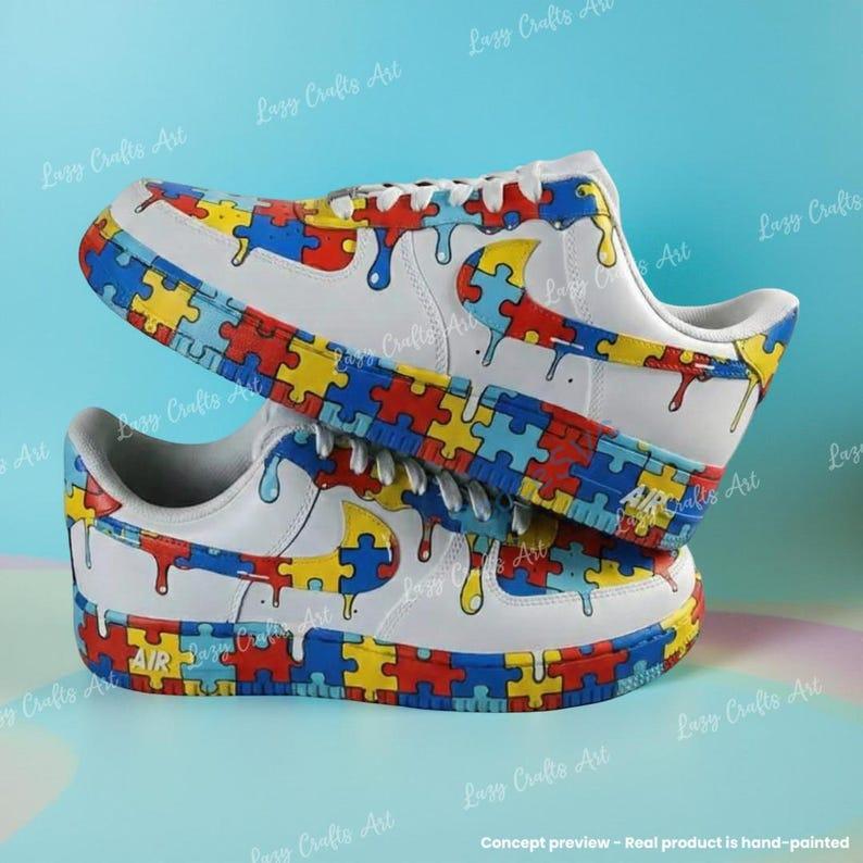Hand-painted Custom Puzzle Drip Air Force 1 Sneakers: Personalized Autism Awareness AF1 Shoes