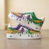 Mardi Gras Custom Air Force 1 Sneakers, Purple Green Gold Drip AF1 Shoes, Hand-Painted Comic Shoes