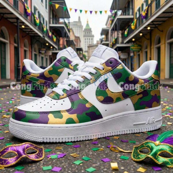 Alternative view of Custom Mardi gras Camouflage Air Force 1, Hand-painted Purple Yellow Green Camo Splatter AF1 Sneaker