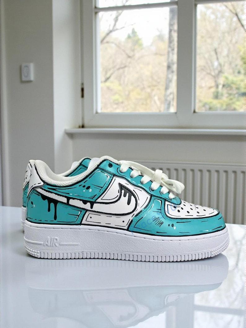 Custom Blue Drip Air Force 1 Sneakers: Hand-Painted Cartoon AF1 Shoes