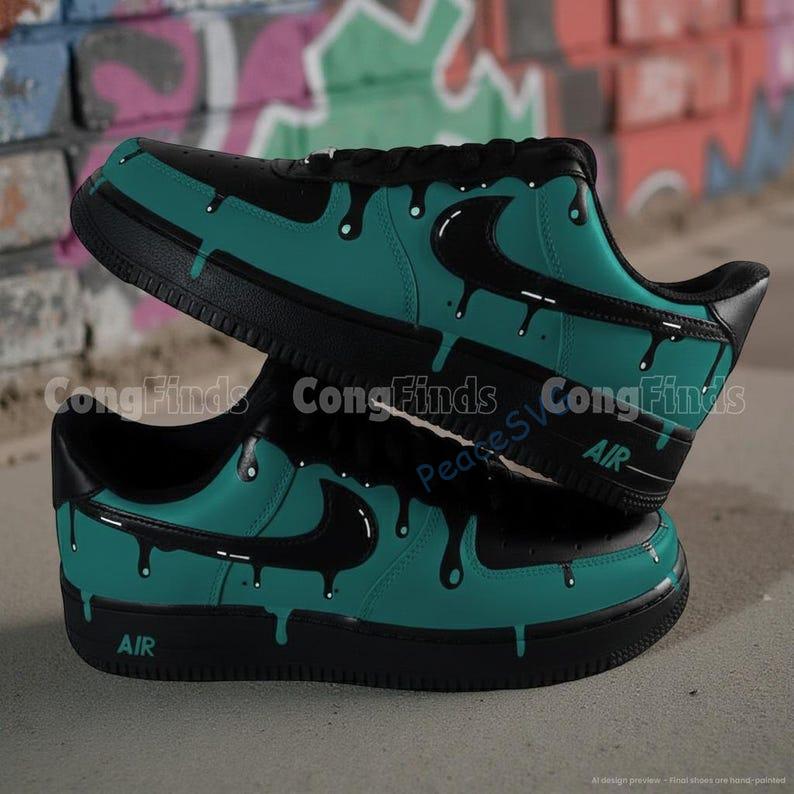Custom Hand-Painted Green Drip Black Air Force 1 Sneakers: Personalized AF1 Shoes
