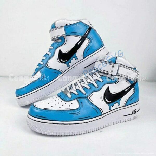 Alternative view of Custom Air Force 1 Mid Sneakers: Hand-Painted Blue Cartoon Drip Sneakers
