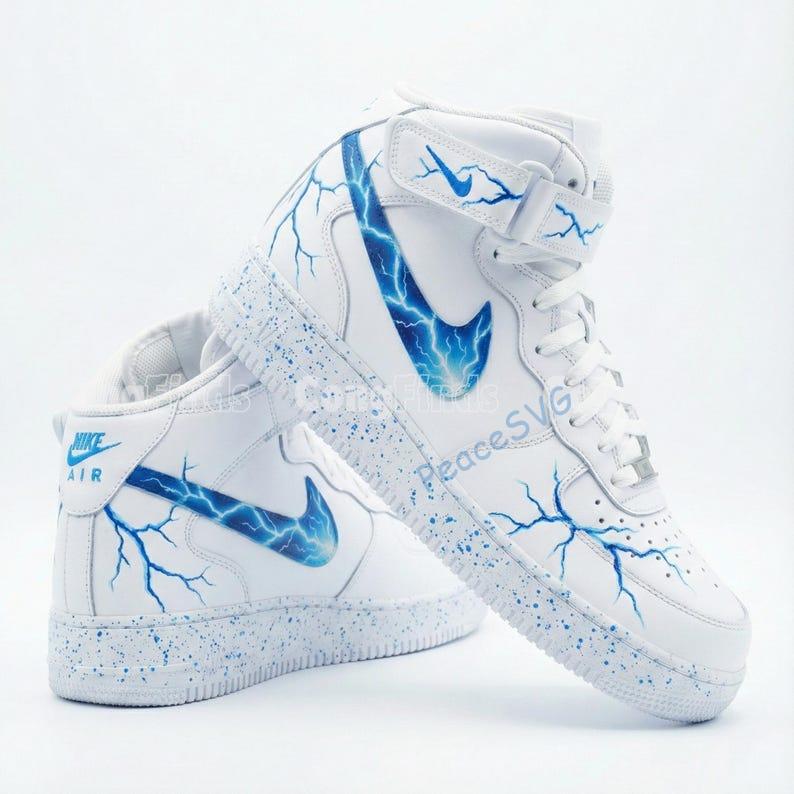Custom Hand-Painted Blue Lightning Air Force 1 Mid Sneakers: Personalized AF1 Shoes