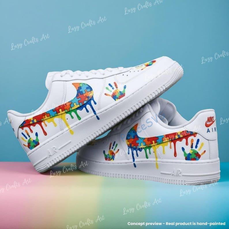 Custom Hand-painted Air Force 1 Puzzle Drip Sneakers: Personalized Autism AF1 Shoes