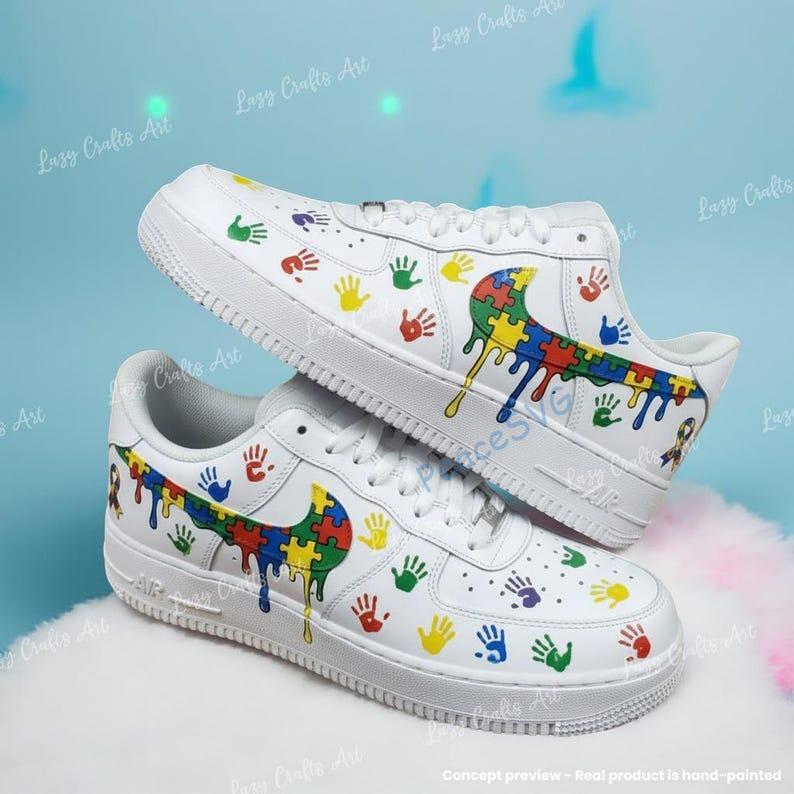 Hand-painted Air Force 1 Puzzle Drip Sneakers: Personalized Custom Autism AF1 Shoes