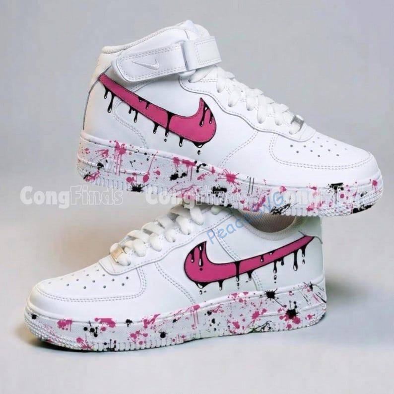 Custom Hand-Painted Pink Drip Air Force 1 Mids Sneakers: Personalized AF1 Sneakers