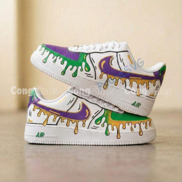 Alternative view of Mardi Gras Custom Air Force 1 Sneakers, Purple Green Gold Drip AF1 Shoes, Hand-Painted Comic Shoes