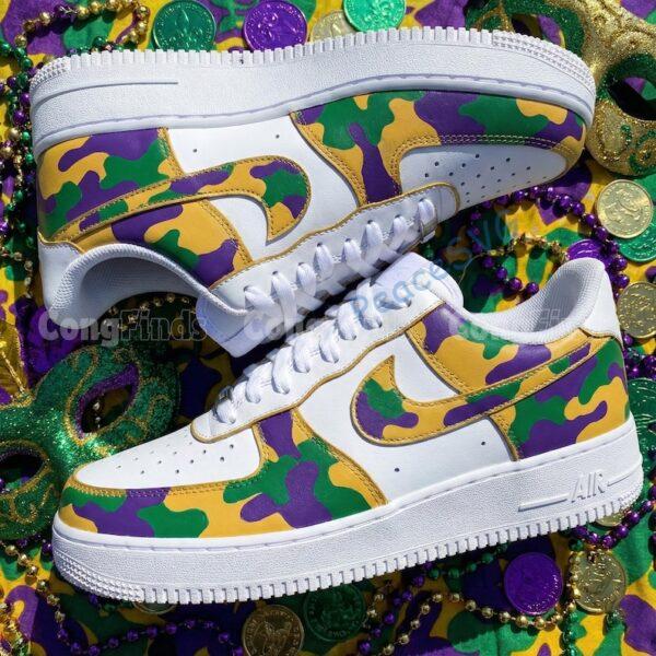 Alternative view of Custom Mardi gras Camouflage Air Force 1, Hand-painted Purple Yellow Green Camo Splatter AF1 Sneaker